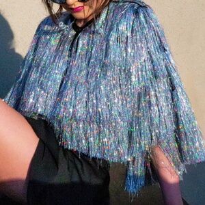 Holographic/ Silver Tinsel Cropped Cropped Jacket- Festivals and Swifties